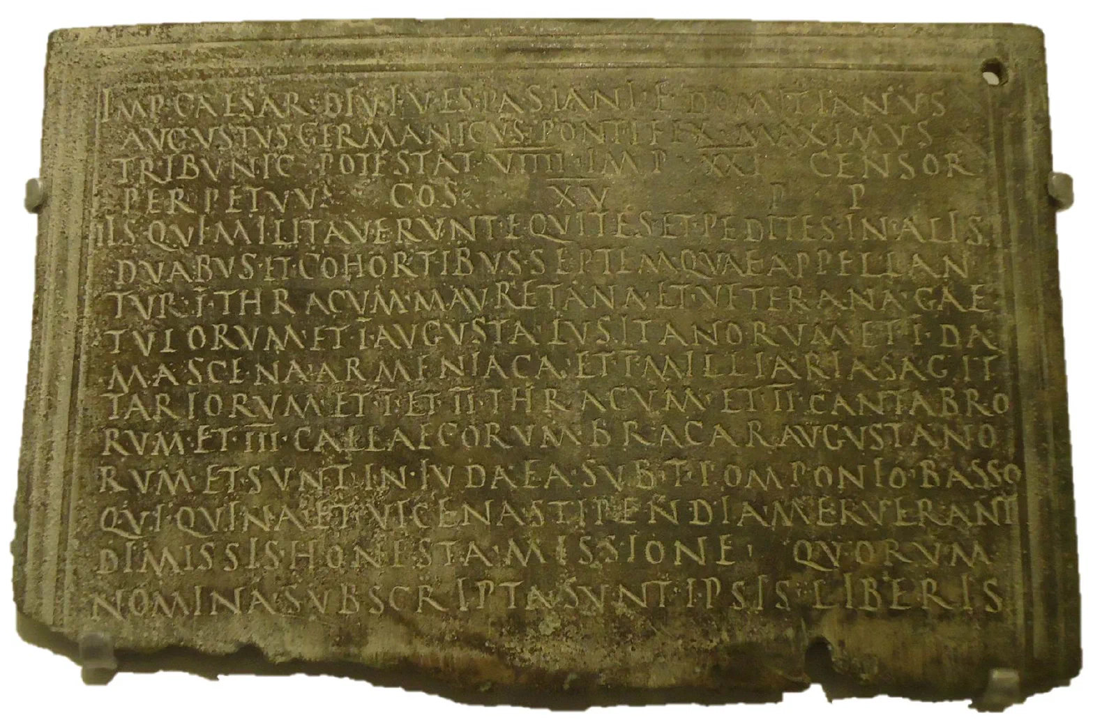 A hinged pair of inscribed bronze plates, a Roman military discharge diploma.
